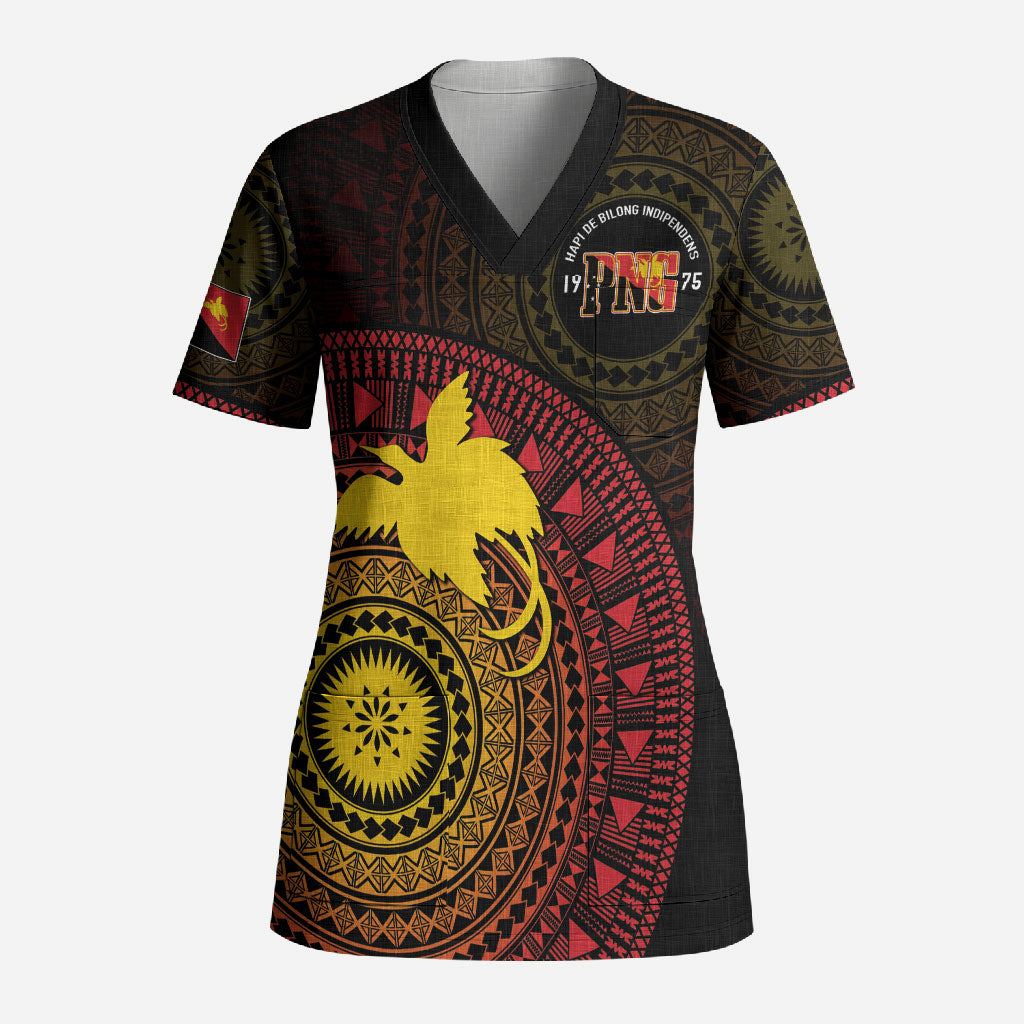 Papua New Guinea Independence Personalized Scrub Top Tapa Circle LT7 Adult Black - Polynesian Pride