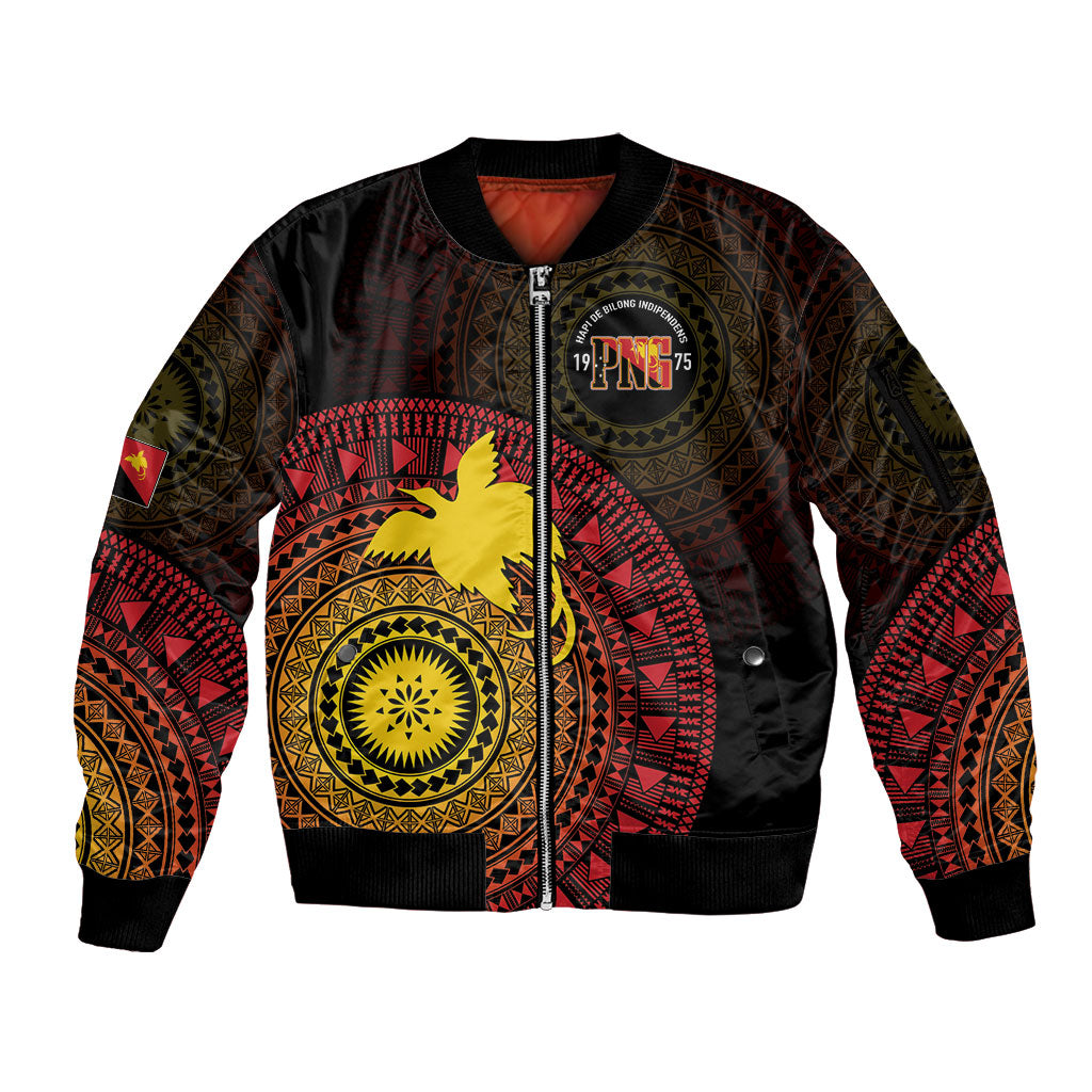 Papua New Guinea Independence Personalized Sleeve Zip Bomber Jacket Tapa Circle LT7 Unisex Black - Polynesian Pride