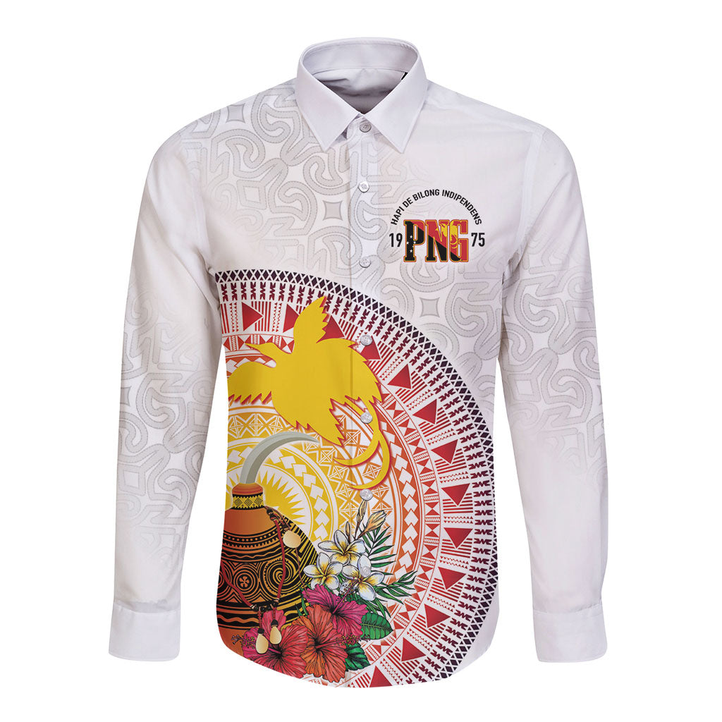 Hapi De Bilong Indipendens Papua New Guinea Long Sleeve Button Shirt PNG Lime Pot LT7 Unisex White - Polynesian Pride