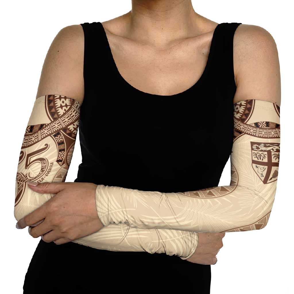 Bula Fiji Day 55th Anniversary Masi Tapa Arm Sleeves Emerald Jubilee - Beige - Polynesian Pride