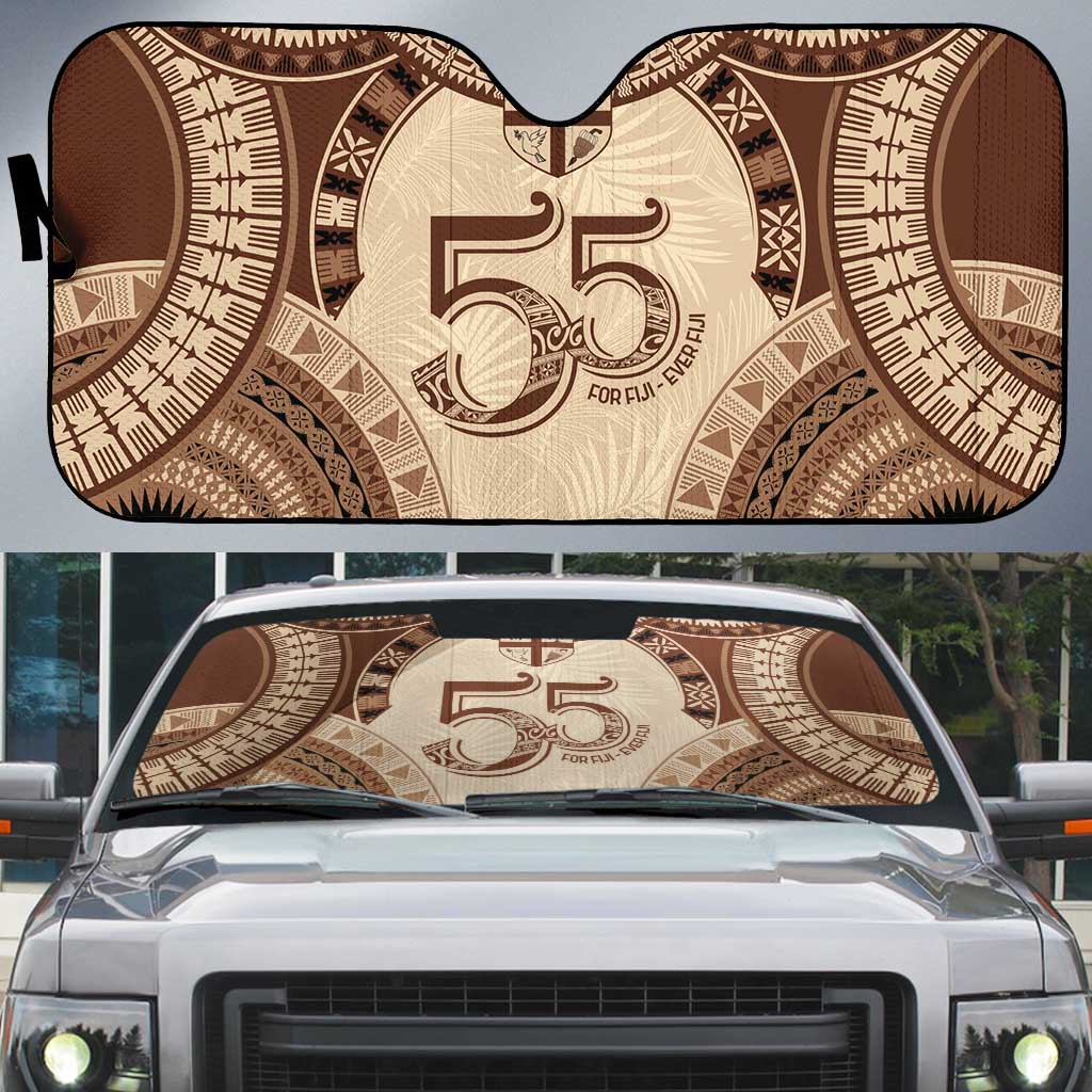 Bula Fiji Day 55th Anniversary Masi Tapa Auto Sun Shade Emerald Jubilee - Beige - Polynesian Pride