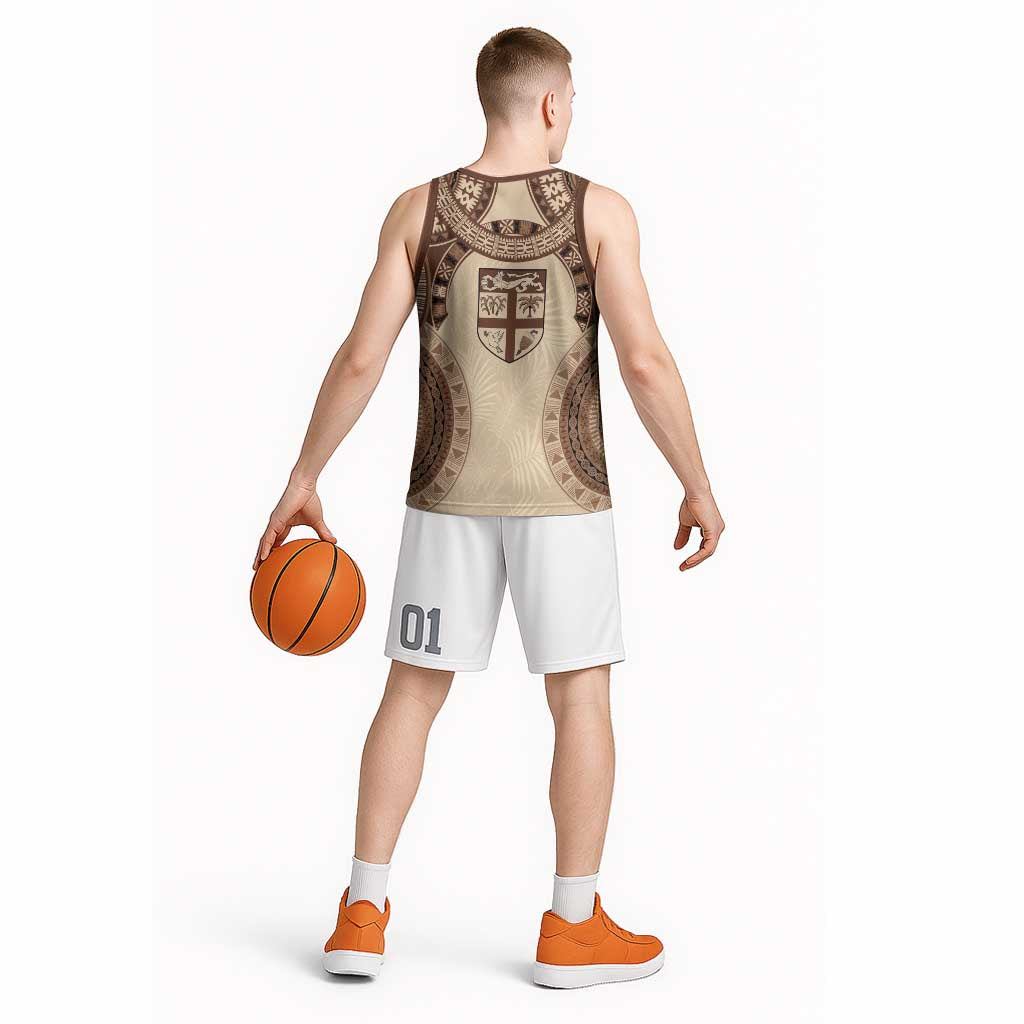 Bula Fiji Day 55th Anniversary Masi Tapa Basketball Jersey Emerald Jubilee - Beige - Polynesian Pride