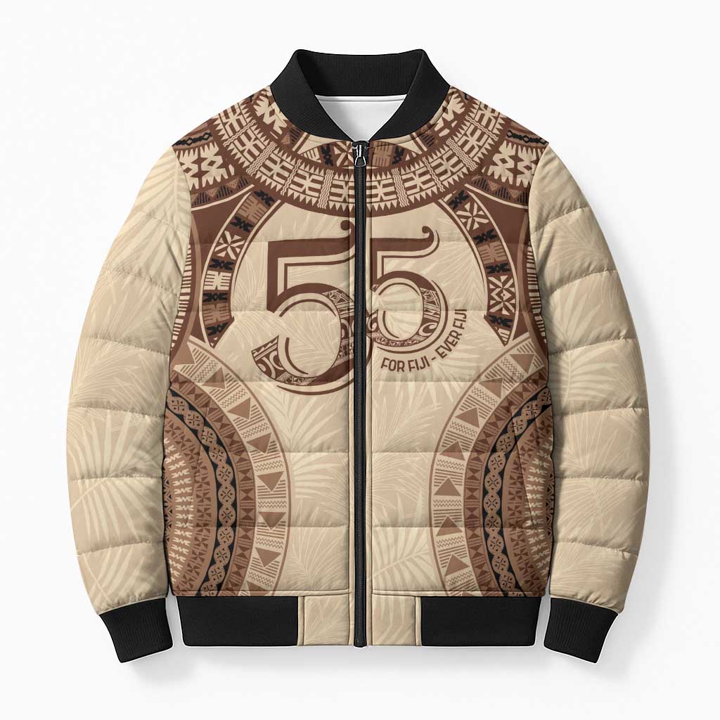 Bula Fiji Day 55th Anniversary Masi Tapa Bomber Puffer Jacket Emerald Jubilee - Beige - Polynesian Pride
