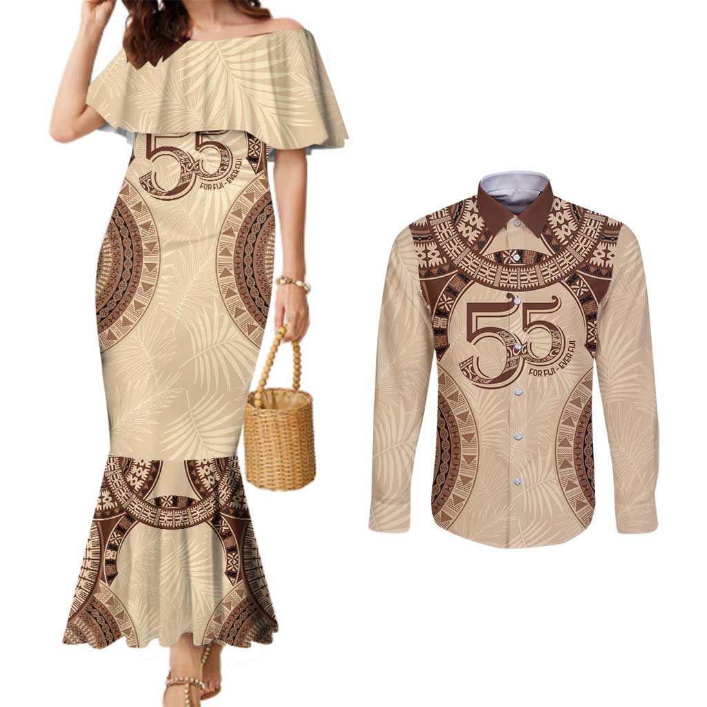 Bula Fiji Day 55th Anniversary Masi Tapa Couples Matching Mermaid Dress and Long Sleeve Button Shirt Emerald Jubilee - Beige - Polynesian Pride