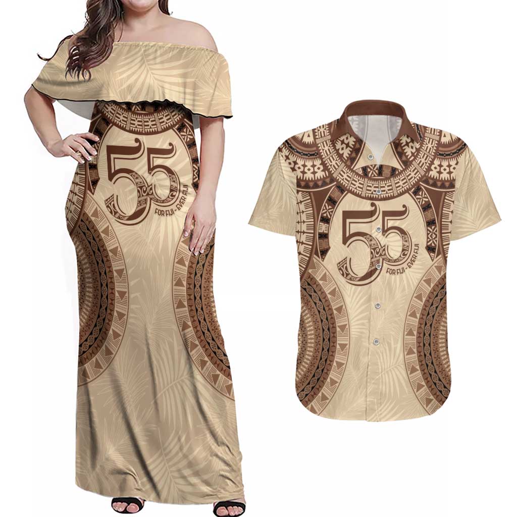 Bula Fiji Day 55th Anniversary Masi Tapa Couples Matching Off Shoulder Maxi Dress and Hawaiian Shirt Emerald Jubilee - Beige - Polynesian Pride