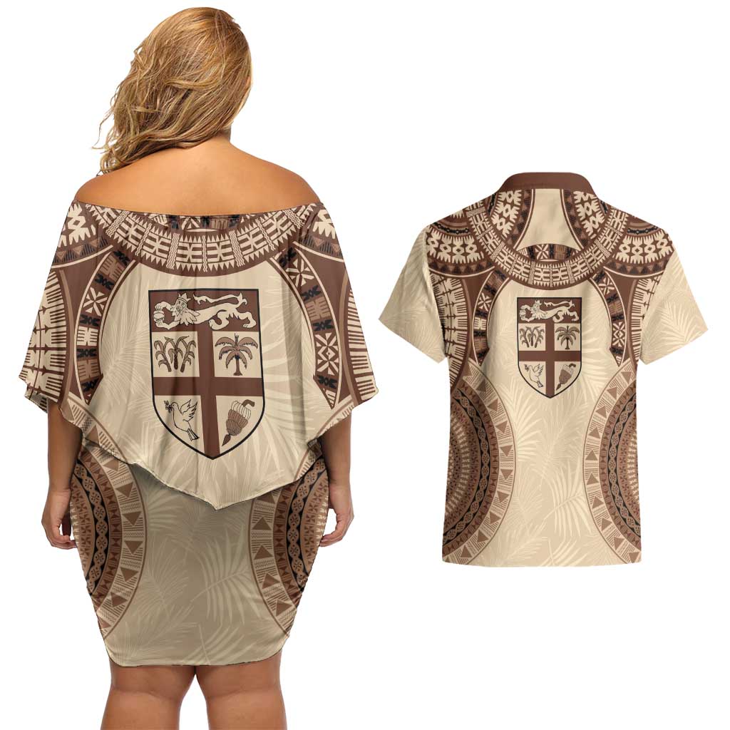 Bula Fiji Day 55th Anniversary Masi Tapa Couples Matching Off Shoulder Short Dress and Hawaiian Shirt Emerald Jubilee - Beige - Polynesian Pride