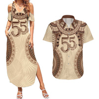 Bula Fiji Day 55th Anniversary Masi Tapa Couples Matching Summer Maxi Dress and Hawaiian Shirt Emerald Jubilee - Beige - Polynesian Pride