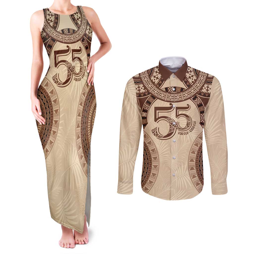 Bula Fiji Day 55th Anniversary Masi Tapa Couples Matching Tank Maxi Dress and Long Sleeve Button Shirt Emerald Jubilee - Beige - Polynesian Pride