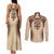 Bula Fiji Day 55th Anniversary Masi Tapa Couples Matching Tank Maxi Dress and Long Sleeve Button Shirt Emerald Jubilee - Beige - Polynesian Pride