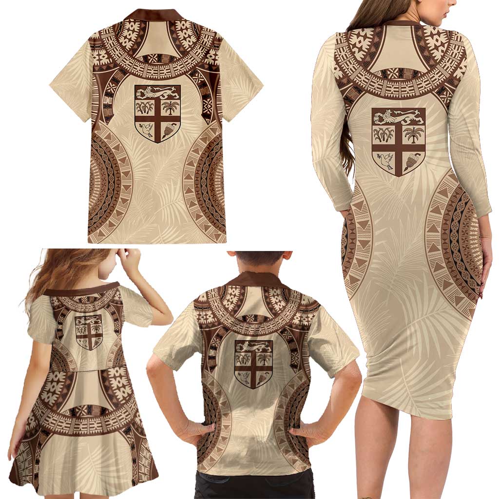 Bula Fiji Day 55th Anniversary Masi Tapa Family Matching Long Sleeve Bodycon Dress and Hawaiian Shirt Emerald Jubilee - Beige - Polynesian Pride