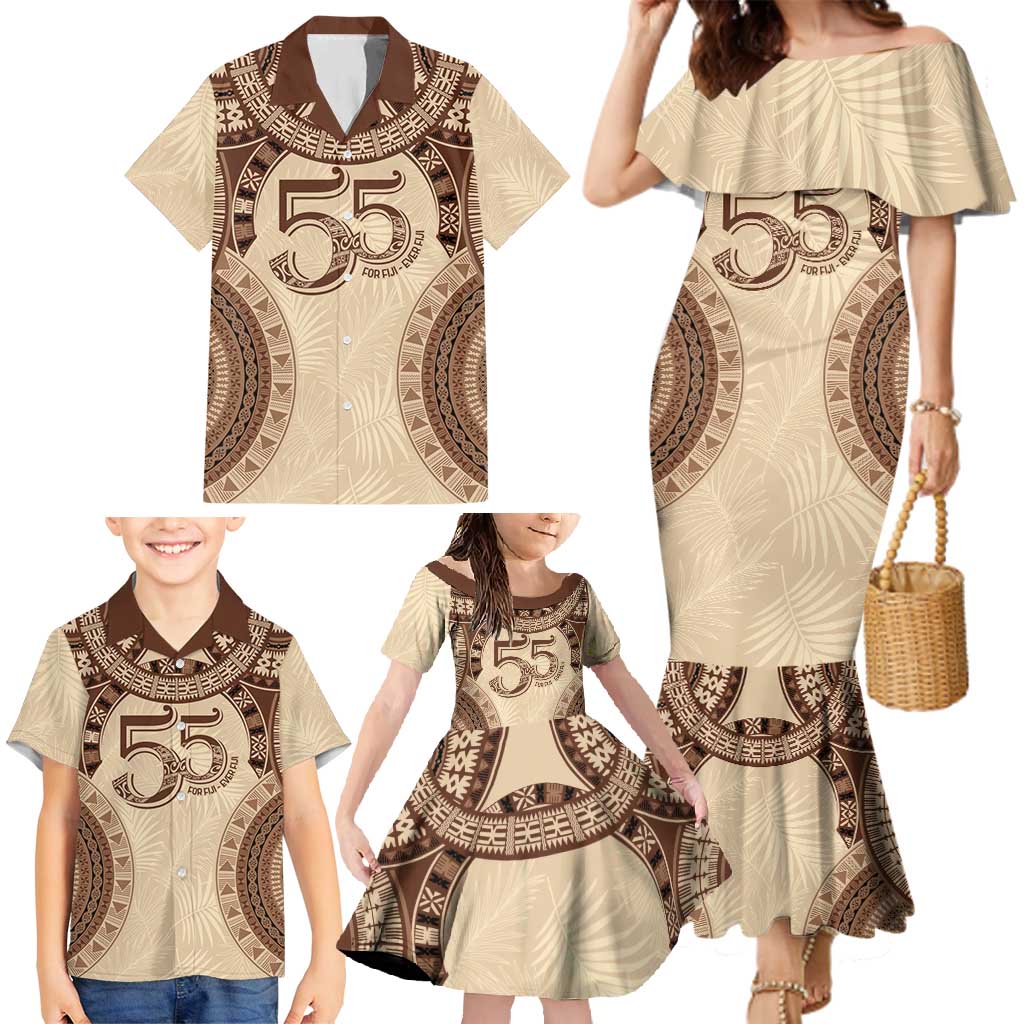 Bula Fiji Day 55th Anniversary Masi Tapa Family Matching Mermaid Dress and Hawaiian Shirt Emerald Jubilee - Beige - Polynesian Pride