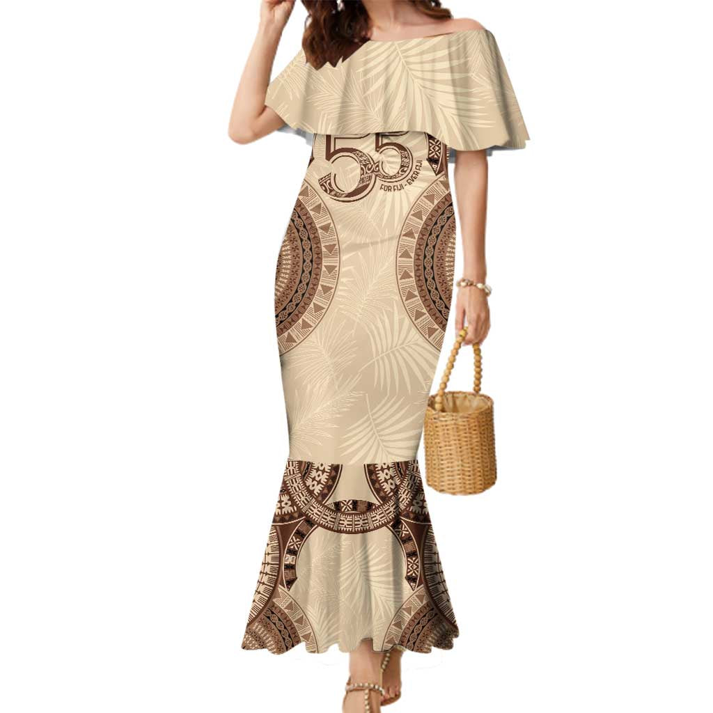 Bula Fiji Day 55th Anniversary Masi Tapa Family Matching Mermaid Dress and Hawaiian Shirt Emerald Jubilee - Beige - Polynesian Pride