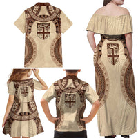 Bula Fiji Day 55th Anniversary Masi Tapa Family Matching Off Shoulder Maxi Dress and Hawaiian Shirt Emerald Jubilee - Beige - Polynesian Pride