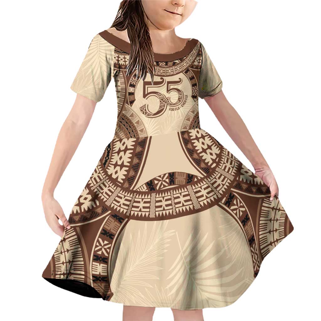 Bula Fiji Day 55th Anniversary Masi Tapa Family Matching Off Shoulder Short Dress and Hawaiian Shirt Emerald Jubilee - Beige - Polynesian Pride