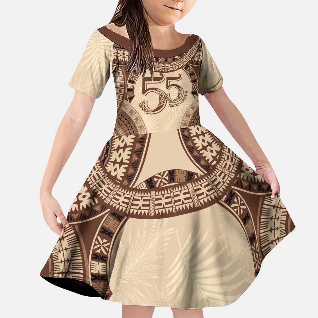 Bula Fiji Day 55th Anniversary Masi Tapa Family Matching Puletasi and Hawaiian Shirt Emerald Jubilee - Beige LT7 Daughter's Dress Beige - Polynesian Pride