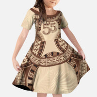 Bula Fiji Day 55th Anniversary Masi Tapa Family Matching Puletasi and Hawaiian Shirt Emerald Jubilee - Beige LT7 Daughter's Dress Beige - Polynesian Pride