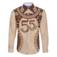 Bula Fiji Day 55th Anniversary Masi Tapa Family Matching Puletasi and Hawaiian Shirt Emerald Jubilee - Beige LT7 Dad's Shirt - Long Sleeve Beige - Polynesian Pride