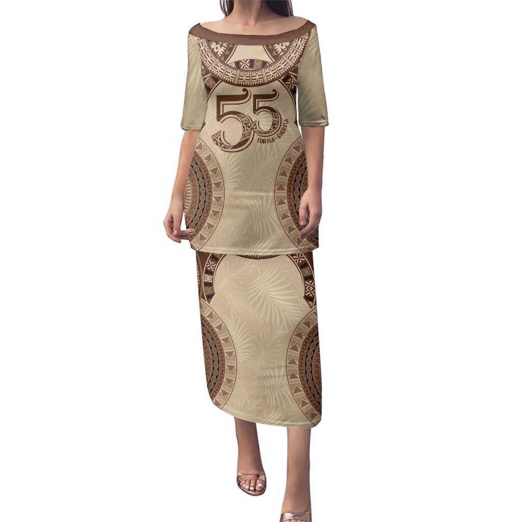 Bula Fiji Day 55th Anniversary Masi Tapa Family Matching Puletasi and Hawaiian Shirt Emerald Jubilee - Beige LT7 Mom's Dress Beige - Polynesian Pride