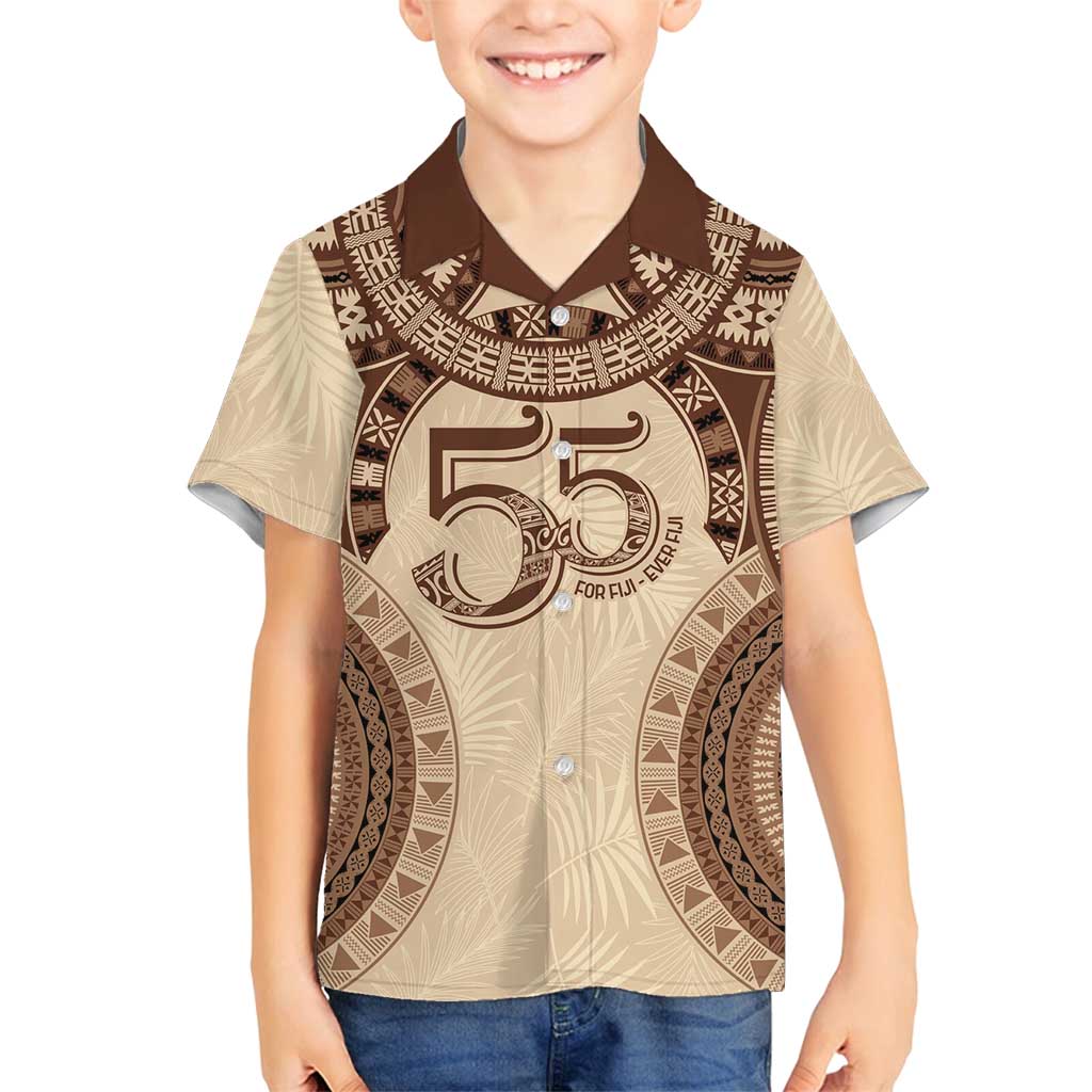 Bula Fiji Day 55th Anniversary Masi Tapa Family Matching Puletasi and Hawaiian Shirt Emerald Jubilee - Beige LT7 Son's Shirt Beige - Polynesian Pride