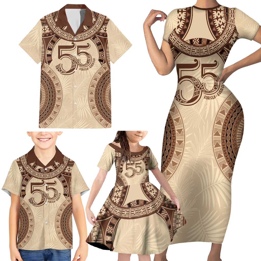 Bula Fiji Day 55th Anniversary Masi Tapa Family Matching Short Sleeve Bodycon Dress and Hawaiian Shirt Emerald Jubilee - Beige - Polynesian Pride