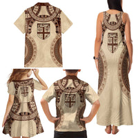 Bula Fiji Day 55th Anniversary Masi Tapa Family Matching Tank Maxi Dress and Hawaiian Shirt Emerald Jubilee - Beige - Polynesian Pride