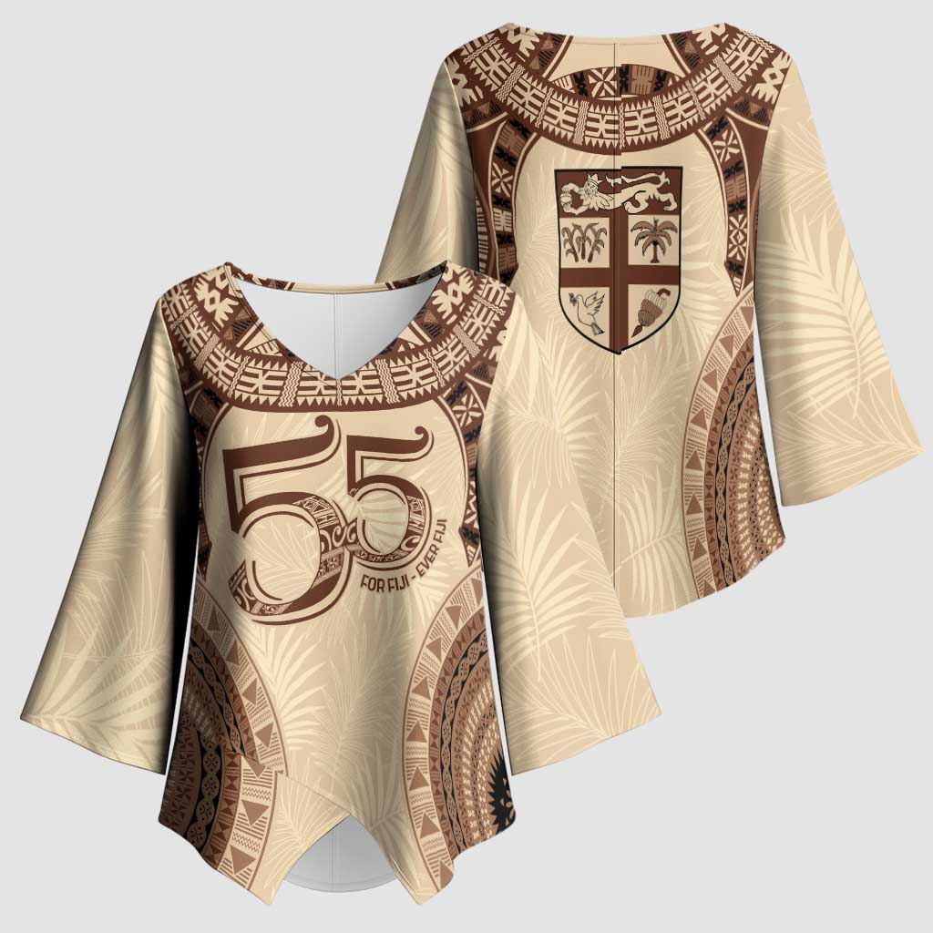 Bula Fiji Day 55th Anniversary Masi Tapa Kimono Sleeve Blouse Emerald Jubilee - Beige - Polynesian Pride