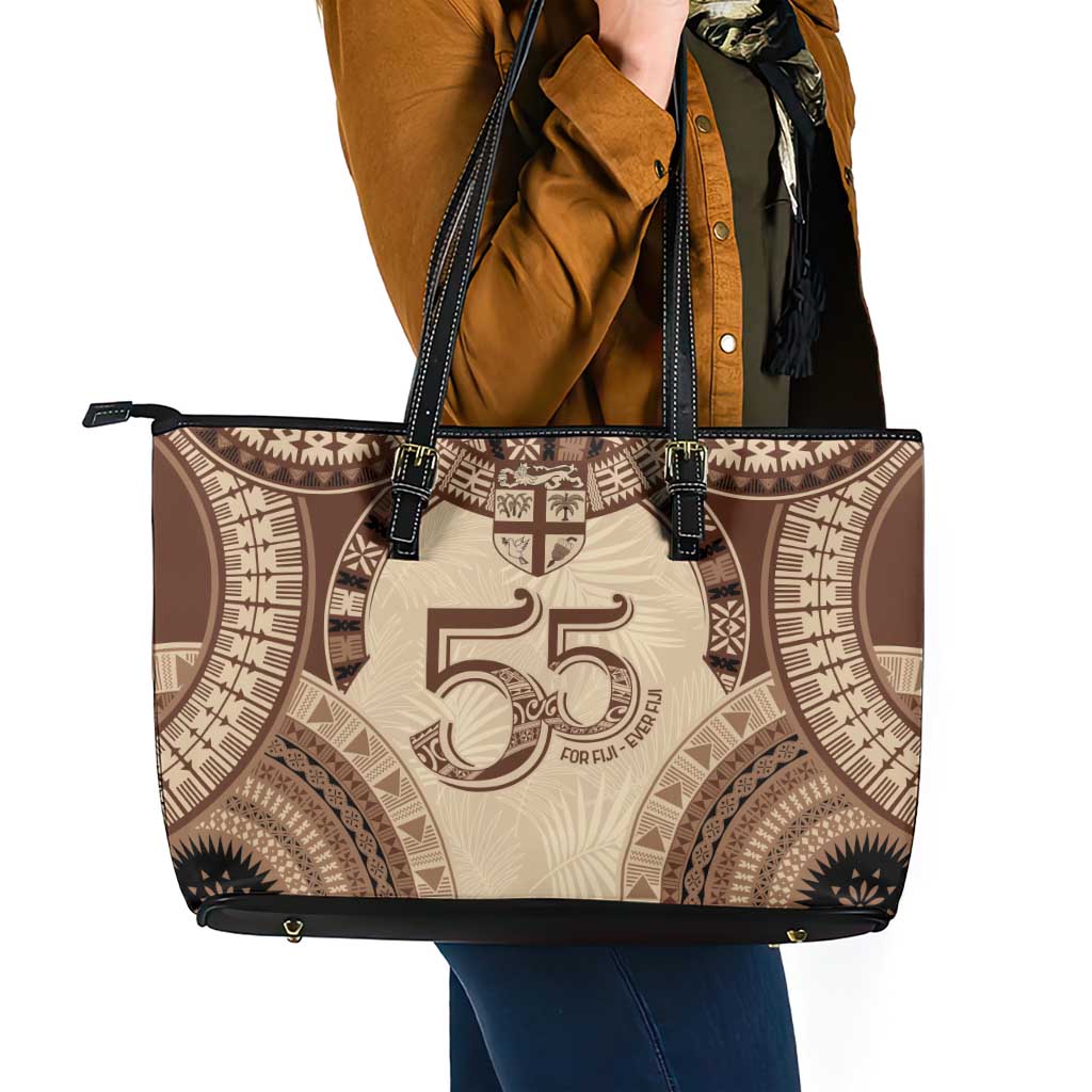 Bula Fiji Day 55th Anniversary Masi Tapa Leather Tote Bag Emerald Jubilee - Beige - Polynesian Pride