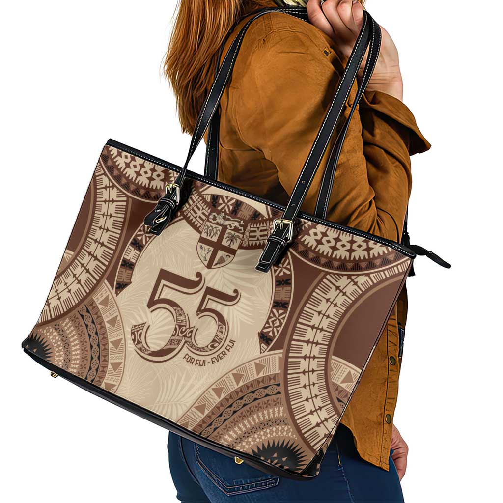 Bula Fiji Day 55th Anniversary Masi Tapa Leather Tote Bag Emerald Jubilee - Beige - Polynesian Pride