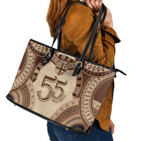 Bula Fiji Day 55th Anniversary Masi Tapa Leather Tote Bag Emerald Jubilee - Beige - Polynesian Pride