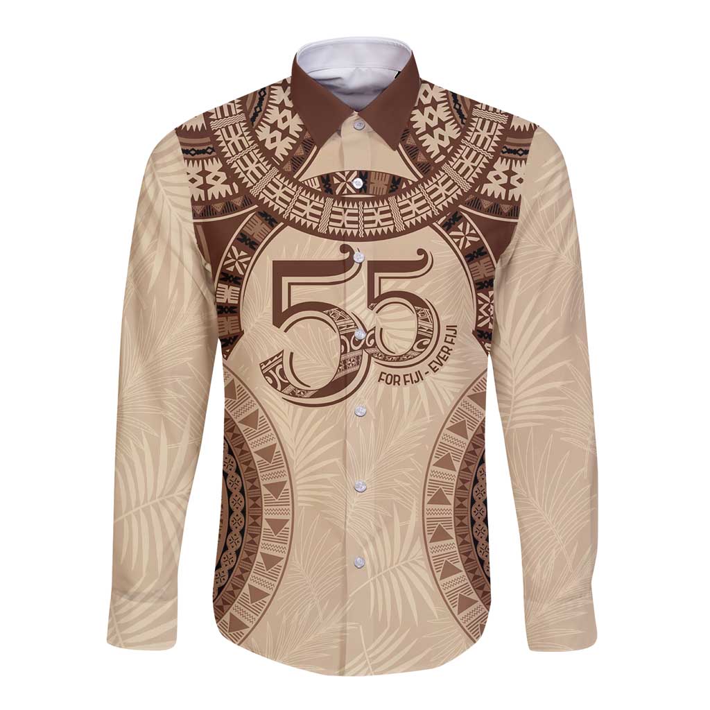 Bula Fiji Day 55th Anniversary Masi Tapa Long Sleeve Button Shirt Emerald Jubilee - Beige - Polynesian Pride
