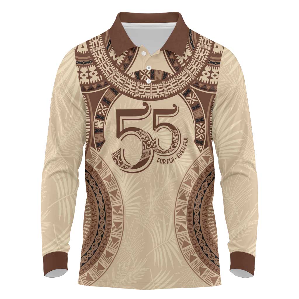 Bula Fiji Day 55th Anniversary Masi Tapa Long Sleeve Polo Shirt Emerald Jubilee - Beige - Polynesian Pride