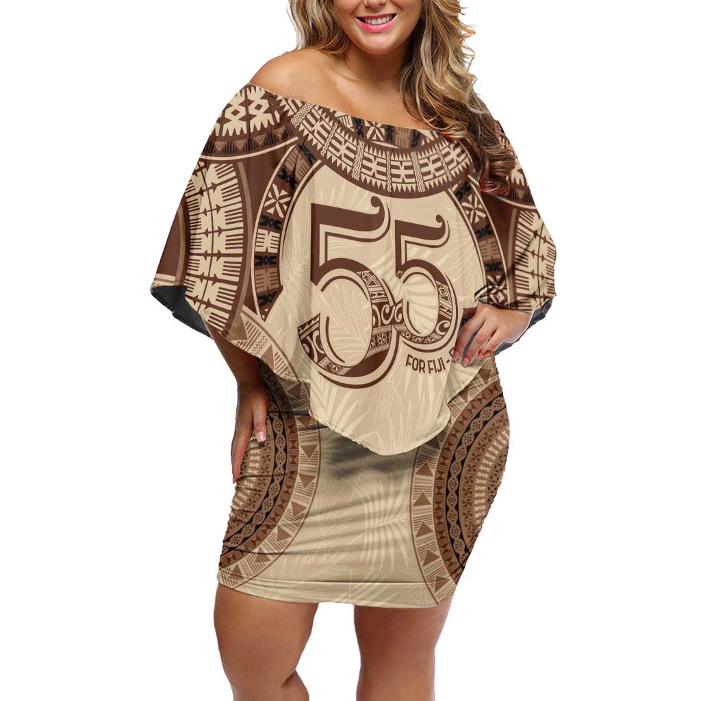 Bula Fiji Day 55th Anniversary Masi Tapa Off Shoulder Short Dress Emerald Jubilee - Beige - Polynesian Pride