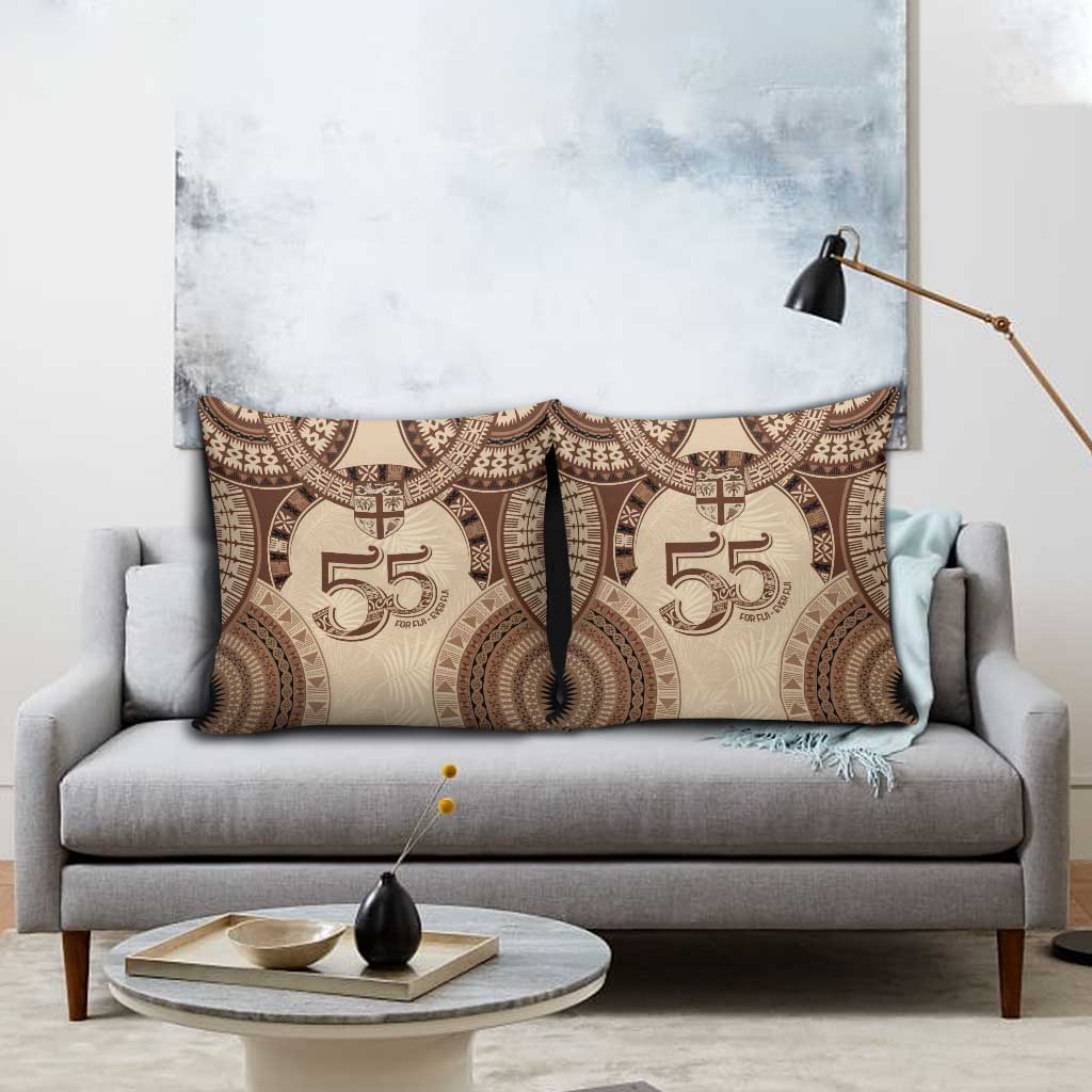 Bula Fiji Day 55th Anniversary Masi Tapa Pillow Cover Emerald Jubilee - Beige - Polynesian Pride