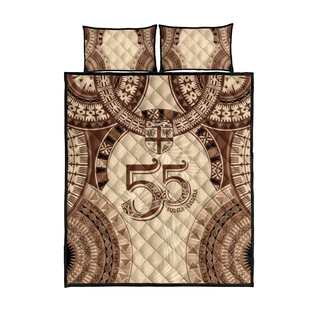 Bula Fiji Day 55th Anniversary Masi Tapa Quilt Bed Set Emerald Jubilee - Beige - Polynesian Pride