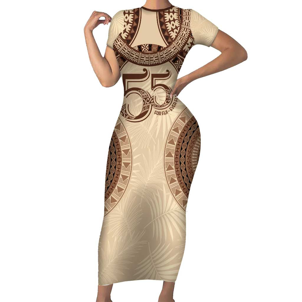 Bula Fiji Day 55th Anniversary Masi Tapa Short Sleeve Bodycon Dress Emerald Jubilee - Beige - Polynesian Pride