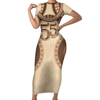 Bula Fiji Day 55th Anniversary Masi Tapa Short Sleeve Bodycon Dress Emerald Jubilee - Beige - Polynesian Pride