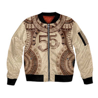 Bula Fiji Day 55th Anniversary Masi Tapa Sleeve Zip Bomber Jacket Emerald Jubilee - Beige - Polynesian Pride