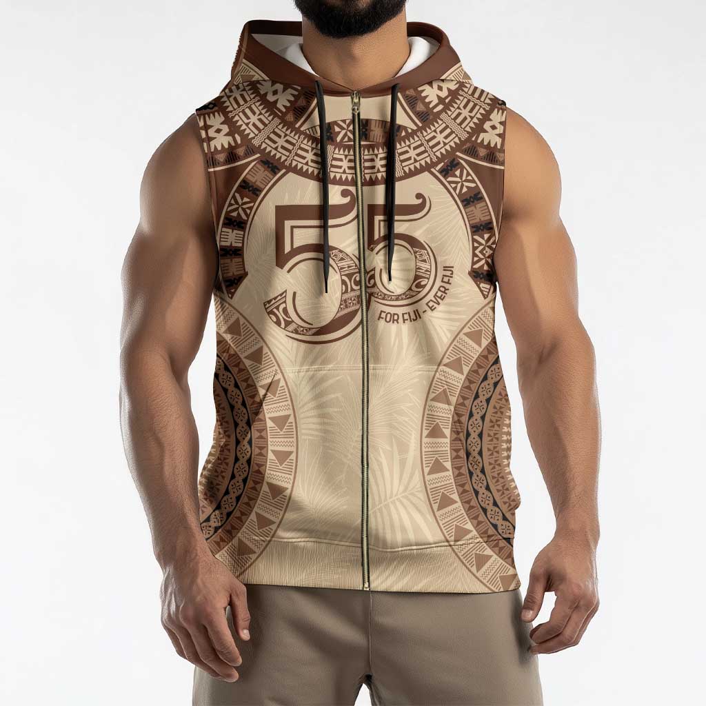 Bula Fiji Day 55th Anniversary Masi Tapa Sleeveless Zip Hoodie Emerald Jubilee - Beige - Polynesian Pride
