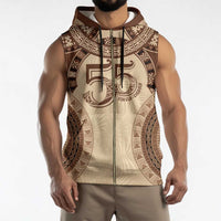 Bula Fiji Day 55th Anniversary Masi Tapa Sleeveless Zip Hoodie Emerald Jubilee - Beige - Polynesian Pride