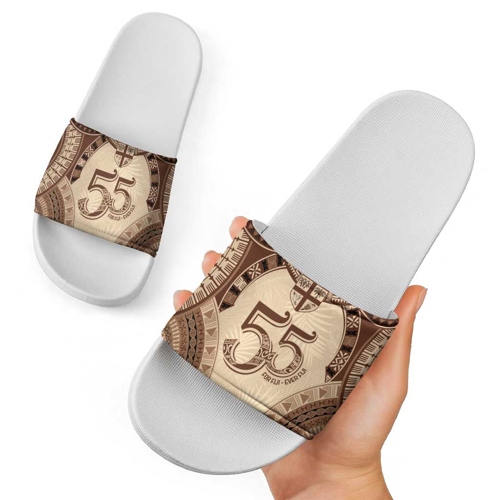 Bula Fiji Day 55th Anniversary Masi Tapa Slide Sandals Emerald Jubilee - Beige - Polynesian Pride