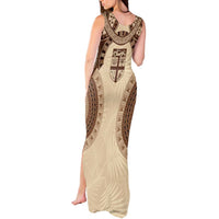 Bula Fiji Day 55th Anniversary Masi Tapa Tank Maxi Dress Emerald Jubilee - Beige - Polynesian Pride