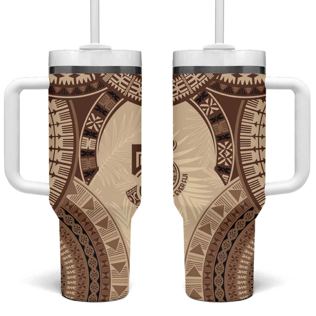 Bula Fiji Day 55th Anniversary Masi Tapa Tumbler With Handle Emerald Jubilee - Beige - Polynesian Pride
