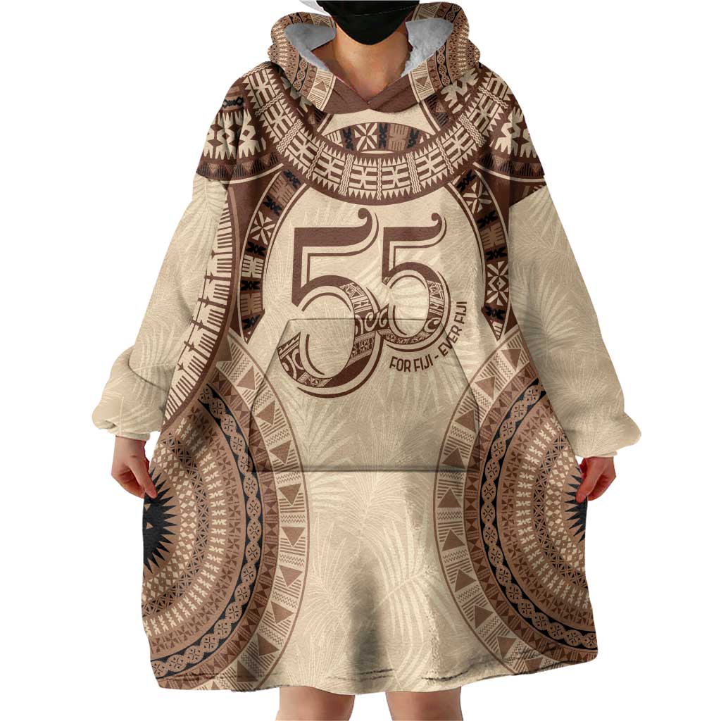 Bula Fiji Day 55th Anniversary Masi Tapa Wearable Blanket Hoodie Emerald Jubilee - Beige - Polynesian Pride