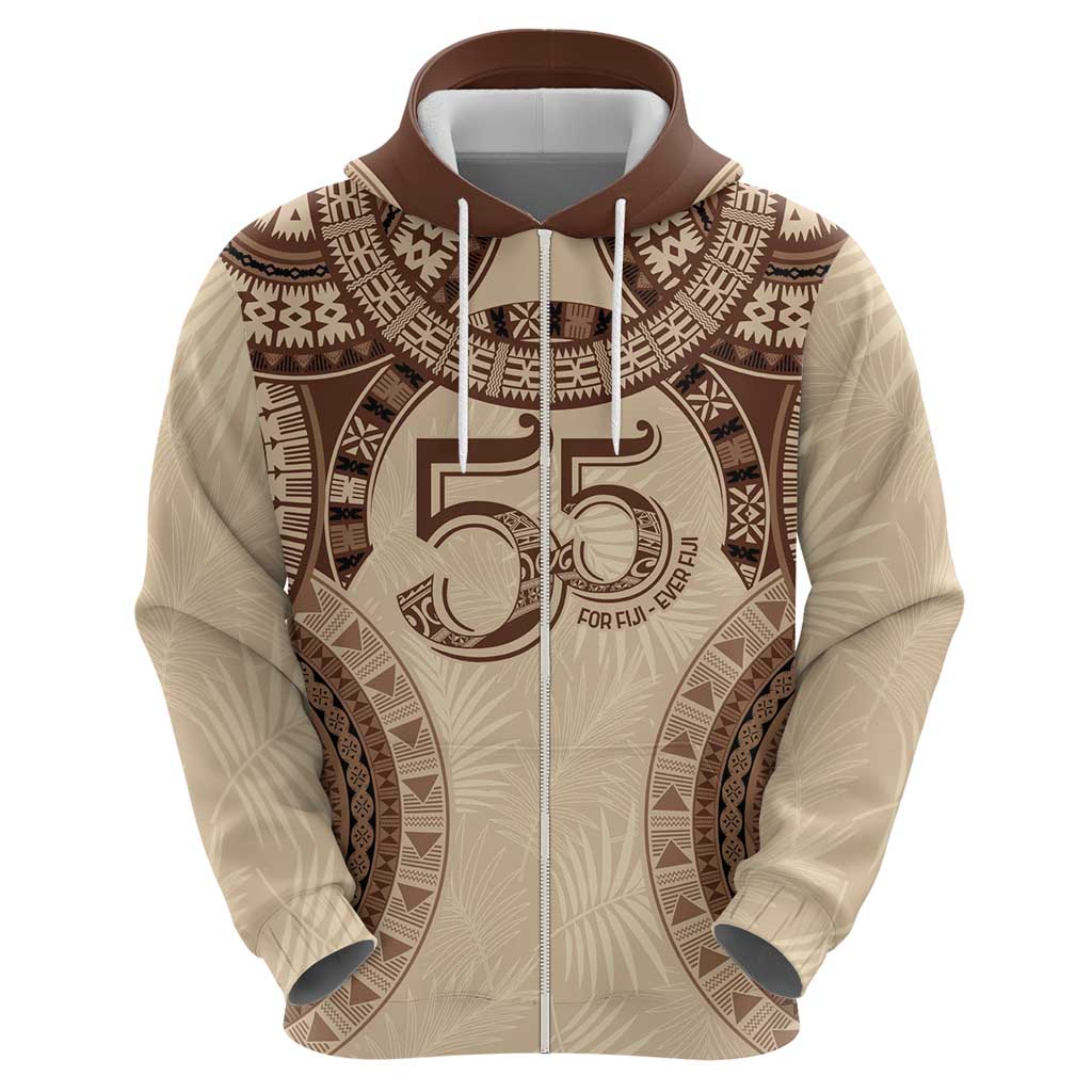 Bula Fiji Day 55th Anniversary Masi Tapa Zip Hoodie Emerald Jubilee - Beige - Polynesian Pride