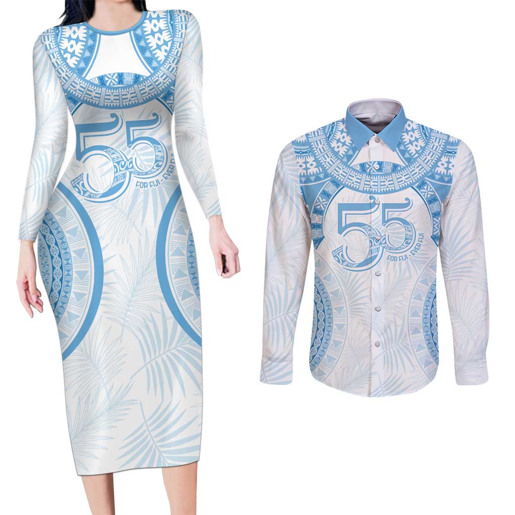 Bula Fiji Day 55th Anniversary Masi Tapa Couples Matching Long Sleeve Bodycon Dress and Long Sleeve Button Shirt Emerald Jubilee - Turquoise - Polynesian Pride