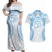 Bula Fiji Day 55th Anniversary Masi Tapa Couples Matching Off Shoulder Maxi Dress and Hawaiian Shirt Emerald Jubilee - Turquoise - Polynesian Pride