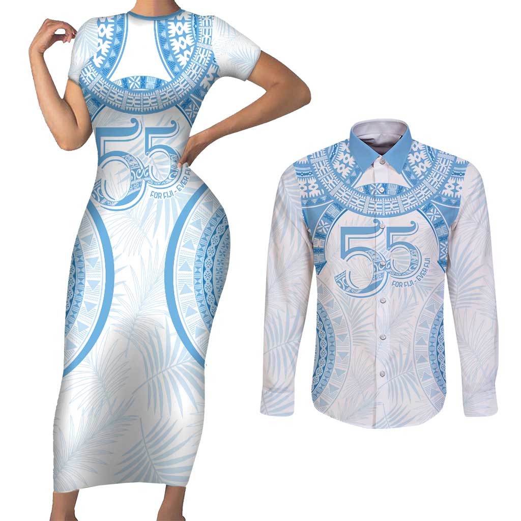 Bula Fiji Day 55th Anniversary Masi Tapa Couples Matching Short Sleeve Bodycon Dress and Long Sleeve Button Shirt Emerald Jubilee - Turquoise - Polynesian Pride