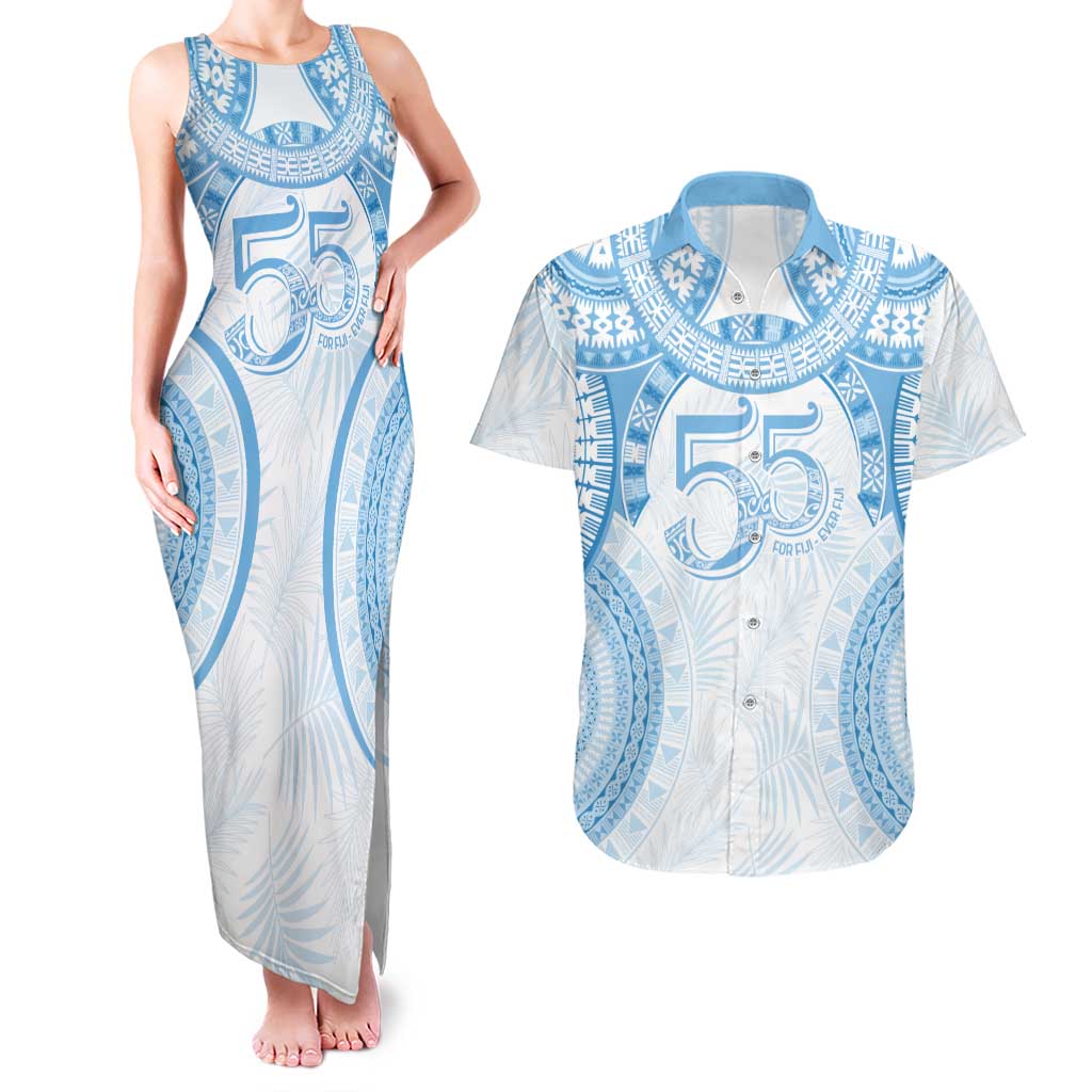 Bula Fiji Day 55th Anniversary Masi Tapa Couples Matching Tank Maxi Dress and Hawaiian Shirt Emerald Jubilee - Turquoise - Polynesian Pride