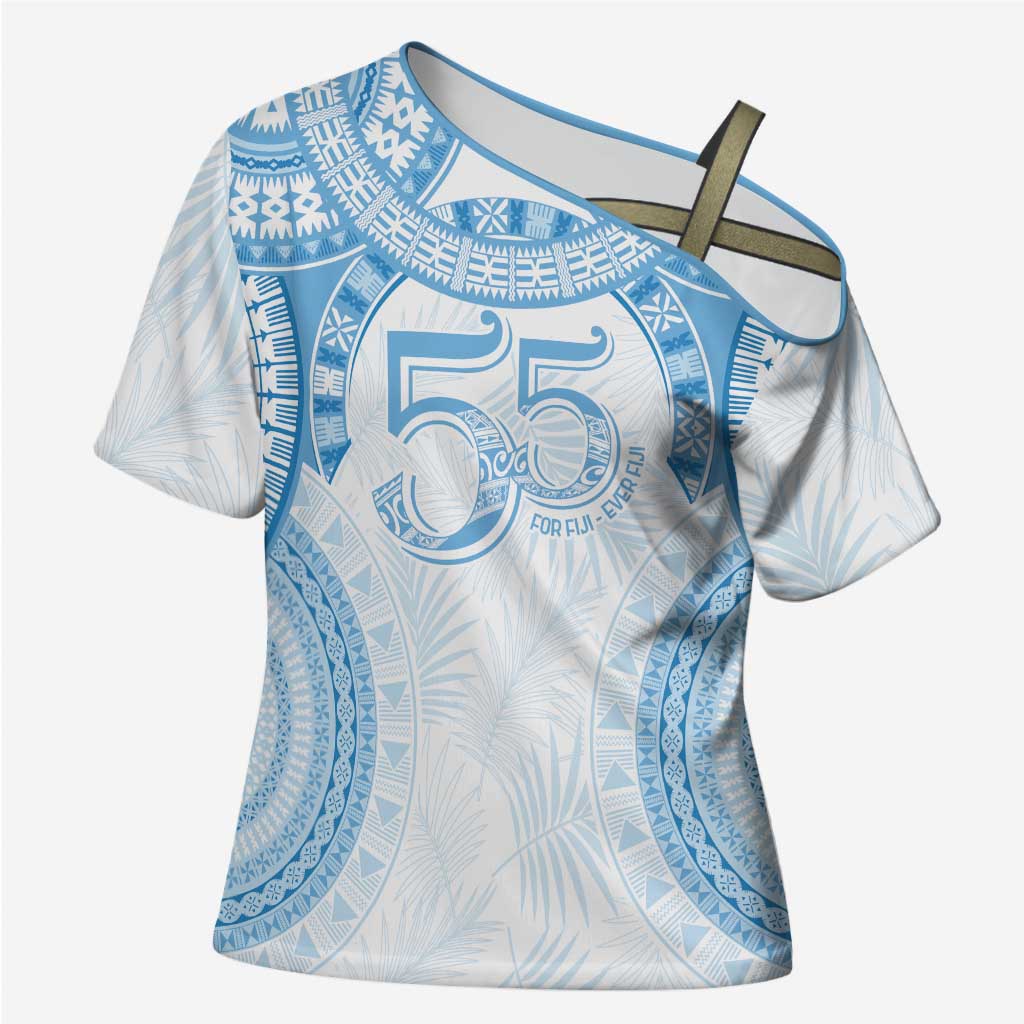 Bula Fiji Day 55th Anniversary Masi Tapa Cross Shoulder Shirt Emerald Jubilee - Turquoise - Polynesian Pride