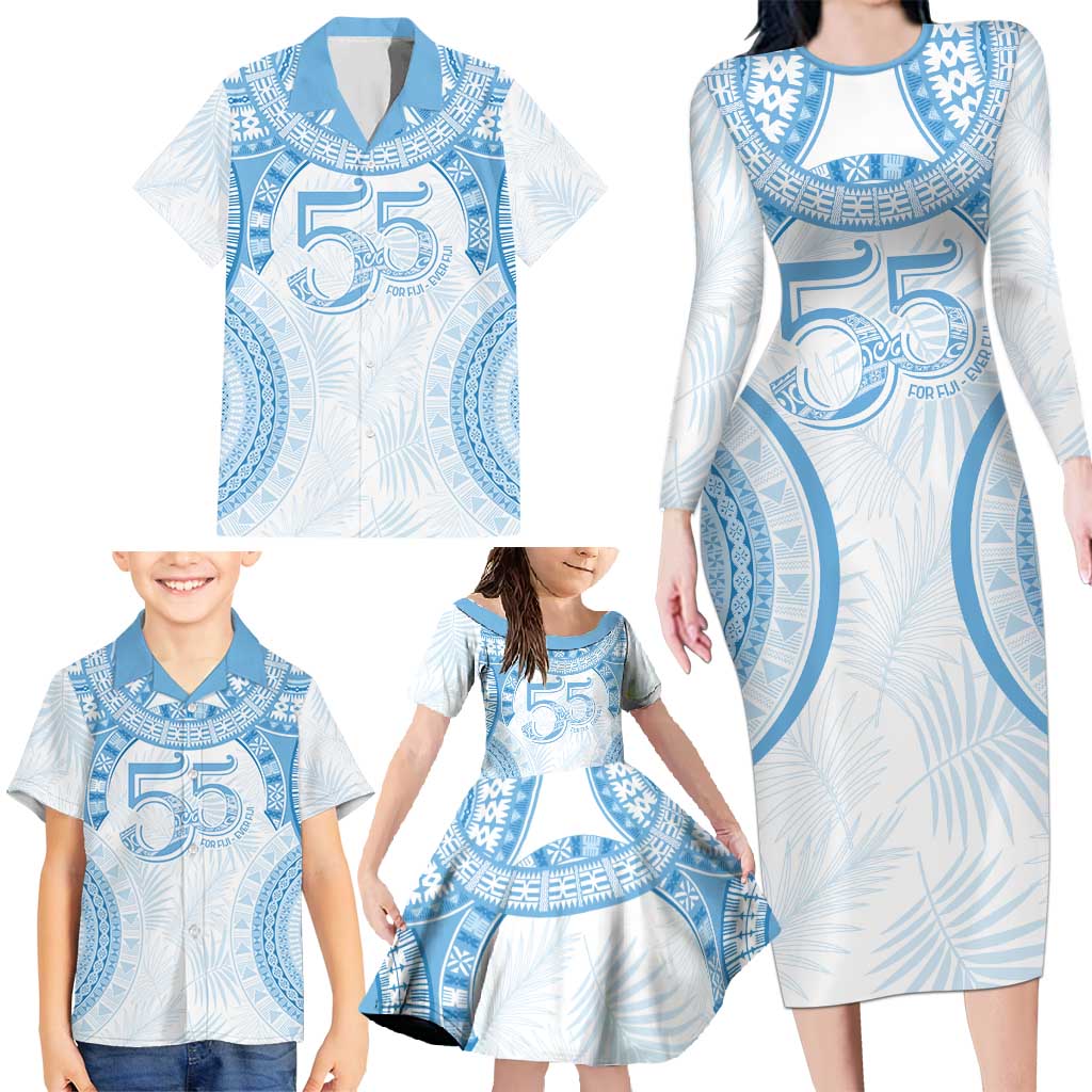 Bula Fiji Day 55th Anniversary Masi Tapa Family Matching Long Sleeve Bodycon Dress and Hawaiian Shirt Emerald Jubilee - Turquoise - Polynesian Pride